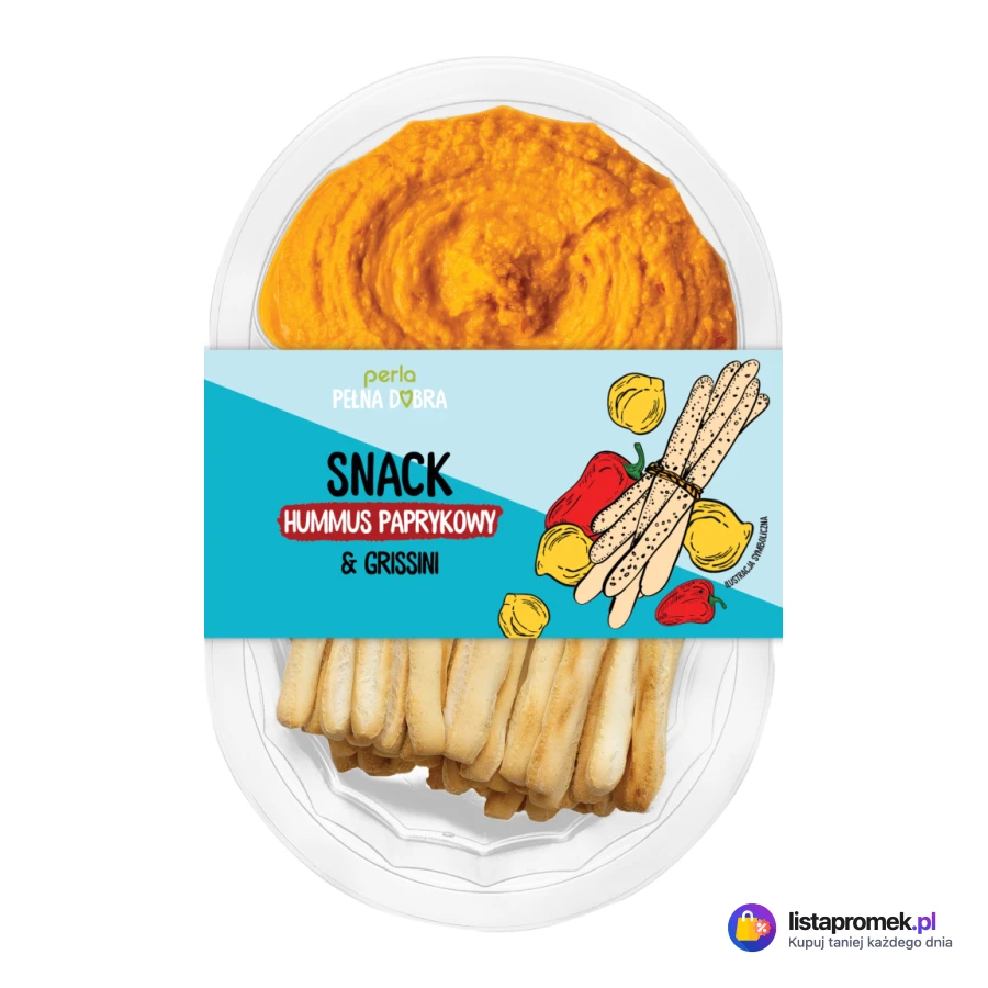Hummus klasyczny z preclami lub hummus paprykowy z grissini