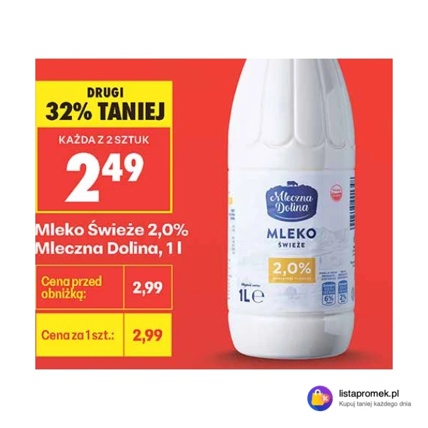 Mleko Świeże 2,0% Mleczna Dolina, 1 l