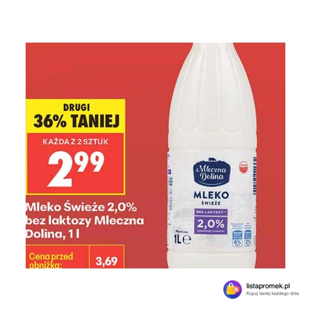 Mleko Świeże 2,0% bez laktozy Mleczna Dolina, 1 l
