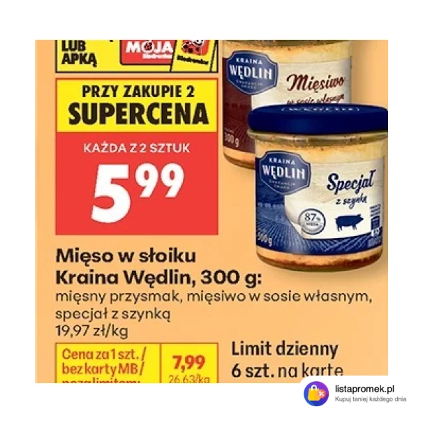 Mięso w słoiku Kraina Wędlin, 300 g: mięsny przysmak, mięsiwo w sosie własnym, specjał z szynką