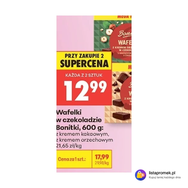 Wafelki w czekoladzie Bonitki, 600 g: z kremem kakaowym, z kremem orzechowym