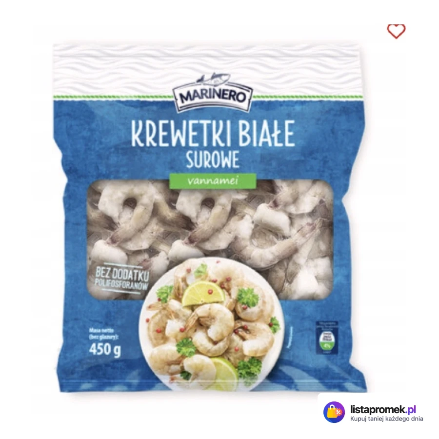 Krewetki białe, surowe, w pancerzu, bez głowy, oczyszczone