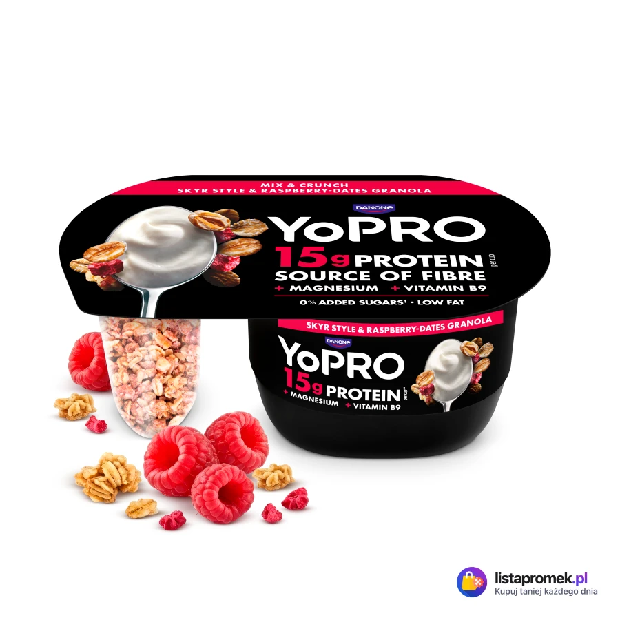 Jogurt proteinowy z granolą z orzechami, z malinami i daktylami